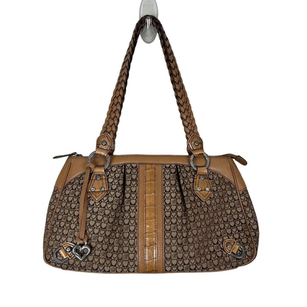 BRIGHTON Shoulder Bag Signature Canvas Leather Braided Straps Brown Heart B's
